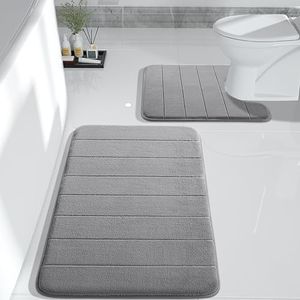 Yimobra Memory Foam Bath Mat Set, 2 Piece Soft Bath Rugs - 31.5x19.8 U-Shaped and 24x20.4 Thick Non-Slip Bath Mat, Dry Fast for Bathroom Floor Mats, Grey