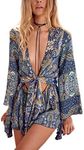 AELSON Women's Boho V Neck Print Romper Playsuit with Long Flare Sleeves