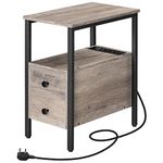 HOOBRO Side Table, Narrow Bedside Table with Charging Station, USB Ports and Power Outlets, Slim Side Table for Small Spaces, 2 Drawers, Industrial Nightstand, Greige and Black EBG548KBZ01G1