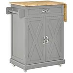 HOMCOM Foldable Kitchen Island with Storage Drawer, Farmhouse Style Rolling Utility Cart, Coffee Bar Cabinet on Wheels with Drop-Leaf Wood Top, Grey