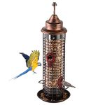 Lagute Birdland Tube Wild Bird Feeder for Garden Yard Outdoor Decoration, Squirrel-Proof Outside Hanging Bird Feeder with 4 Feeding Ports and Drainage Holes, 2.2-Pound Seed Capacity, Bronze