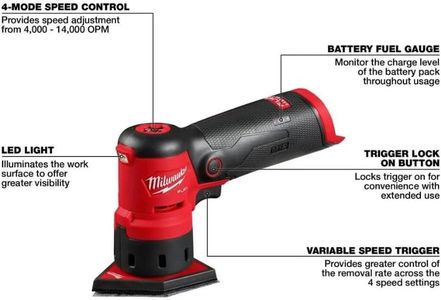 Milwaukee 12V Brushless Cordless Orbital Detail Sander – Tool Only, Red/Black