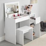 Dressing Table With Mirror and Stool, Flip Up Mirror White Vanity Makeup Table, Girls Dressing Table, Cosmetic Bedroom Dresser Make Up Writing Desk For Bedroom Furniture, 81 L x 40W x 69 H cm