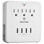 BESTTEN 900-Joule USB Outlet Surge Protector, 4 USB (Max 4.2A) Charging Ports and 3 AC Electrical Sockets, Wall Mount Multi Outlet Extender with 2 Slide Out Phone Holders, cETL Certified, White