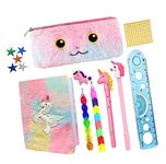 KOBBET® 10pcs Unicorn Stationery Gift Set for Girls, Birthday Party Return Gift, Party Favor Gift for Kids Unicorn Fur Pouch Diary with Complete Stationery, Unicorn School Stationery Set (A6 Diary)