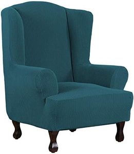 H.VERSAILTEX Wing Chair Slipcover Chair Covers for Wingback Chairs Wingback Chair Covers Slipcovers 1 Piece Stretch Sofa Cover Furniture Protector Soft Spandex Jacquard Checked Pattern, Deep Teal