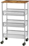 4-Tier Rack Trolley with Wooden Top Plate, Kitchen Storage Wagon, Multi-Purpose Storage Rolling Cart with Casters W‘44 x D’29 x H‘76.5 cm Easy to Assemble for Kitchen Bathroom Livingroom (Sliver)