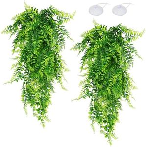 QUOZUO 2 Pack Reptile Plants Terrarium Hanging Plant Artificial Leaves Reptile Hide with Suction Cup, Reptile Tank Accessories for Bearded Dragon Lizard Snake Geckos Chameleon