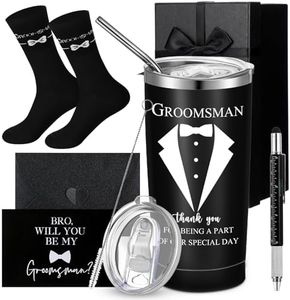 Nuanchu 6 Pcs Groomsmen Officiant Gifts Wedding Proposal Gift for Best Man Groomsman 20oz Stainless Steel Tumbler Socks Multi Tool Ballpoint Pen with Greeting Card Envelope Gift Box (Black)