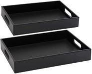 2-Pack Wooden Nesting Serving Tray Set with Stitched Faux Leather Skin and 2 Handles, Slip-Resistant Breakfast Service Tray in 2 Sizes (13.8x9.9x2.3 and 15.8x12x2.5 in, Black)