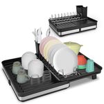 Expandable Dish Drying Rack - Layzzi-Wayt Large Kitchen Drying Rack for Plates, Cups, and Cutlery - Double-Layer Foldable Design and Removable Utensil Holder - Black