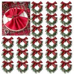 APTWOW Christmas Napkin Rings Set of 24 - Small Artificial Pine Needles Wreath Napkin Holder with Red and Black Checkered Bow, Christmas Holiday Table Decorations for Banquet and Dinner Parties