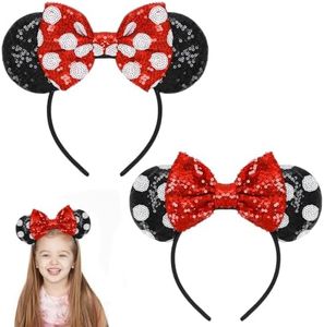 Diadema de ratón con Orejas, 2 Piezas de ratón con Lazo en Rojo, Orejas de ratón con Lazo Rojo y Puntos Blancos, Orejas de ratón Arco Diademas para Cosplay Fiesta de cumpleaños Halloween Carnaval