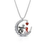 Jeulia Sterling Silver Jack and Sally Couple Necklace 1.61 ct Heart Cut Diamond Skull Necklace Moon Pendant Halloween Jewelry Anniversary Promise Birthday Gift for Women Men Girl