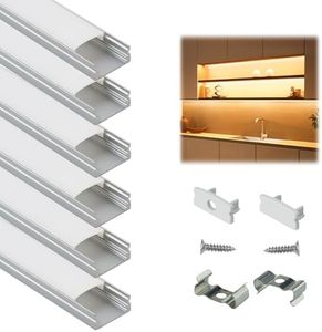 Muzata 6-Pack 3.3ft/1Meter U Shape LED Aluminum Channel System with Cover, End Caps and Mounting Clips Aluminum Profile for Under Cabinet LED Strip Light Installations U1SW WW