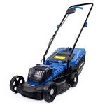 Hyundai 20V 12.6"/32cm Lawnmower Cordless 4Ah Li-Ion Battery Lawn Mower, 1 x 4Ah Lithium-Ion Battery, Charger, 5 Adjustable Heights, 30L Grass Bag, 3 Year Warranty