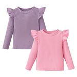 OPAWO Toddler Girl Shirts Ruffled Long/Short Sleeve Baby Tee Tops, Ribbed Toddler Girl Blouse, Baby Girl Clothes 2-Pack 12M-5T(Purle/Pink, 2T)