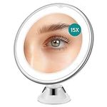 Navaris LED Magnifying Mirror with Lights - Powerful 15x Magnification for Makeup - Illuminated and Magnified Make Up Mirror - with Light and Secure Suction Cup for Easy Attachment