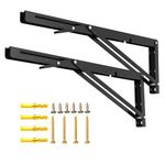 2 Pcs Folding Shelf Brackets Heavy Duty, 16 Inch Triangle Wall Brackets for Shelves, 90 Degree Right Angle Black Metal Floating Shelf Support Brackets, for Living Room DIY, Max Load 220LBS