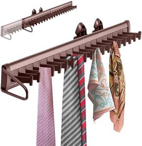 Sliding Tie Racks for Closet, 20 Tie Hanger for Men Pull Out Belt Hanger for Closet Storage Organizer with Slider, Side Mount Closet Holder Hanger Rail with 20 Hooks for Scarves Ties Belts(Brown)