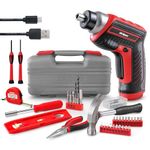 Hi-Spec 35pc Red USB 3.6V Electric Power Screwdriver & Home Tool Box Set. Cordless Rechargeable Screwdriving with Complete Hand Tool Kit for Repairs