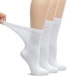 HUGH UGOLI Women's Bamboo Loose Fit Diabetic Crew Socks, Seamless Toe & Non-Binding Top for Swollen Feet, Soft, Extra Wide and Stretchy, 3 Pairs, White, Shoe Size: 6-9