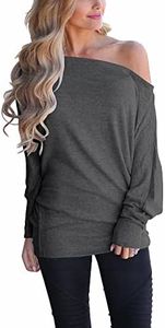 Lacozy Women's Sexy Off Shoulder Batwing Sleeve Loose Oversized Pullover Sweater Knit Jumper Tunic Tops Deep Grey L