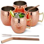 Oak & Steel - 4 Large Moscow Mule Cocktail Mugs, 550ml - Hammered Design Copper Cups Gift Set with Stainless Steel Straws Cleaning Brush