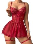 Mixxmix Lingerie for Women Naughty Scallop Lace Babydoll Dress Lace Up Corset Nightwear Red M