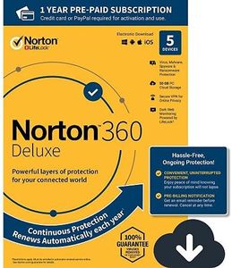 2020 Newest Norton 360 Deluxe – Antivirus Software Key Card for 5 Device with Auto Renewal - Includes VPN, PC Cloud Backup and Dark Web Monitoring powered by LifeLock