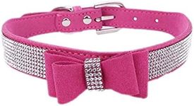 Haoyueer Rhinestone Dog Collar, Cute Dazzling Sparkling Soft Suede Leather Dog Cat Rhinestone Collar Crystal Diamond Pet Dog Puppy Collar (S, Hot Pink-1)