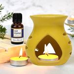 AIR-ROMA Ceramic Aroma Yellow Diffuser Burner With 10Ml Sea Blue Oil & 2 Pcs Candles|Strong & Long-Lasting Aroma