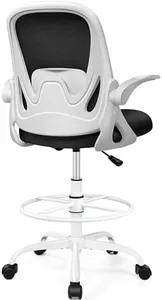 Drafting Chair Tall Office Chair with Flip-up Armrests, Adjustable Height, and Enhanced Lumbar Support - Ergonomic Rolling Stool, Back Support, and Adjustable Foot Rest Ring for Standing Desk White