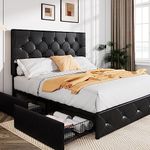 Allewie Upholstered Full Size Platform Bed Frame with 4 Storage Drawers and Headboard, Diamond Stitched Button Tufted, Mattress Foundation with Wooden Slats Support, No Box Spring Needed, Black