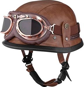 Yesmotor Motorcycle Half Helmet Retro German Handmade Leather Half Face Quick Release Buckle & Goggles - DOT Approved (Dark Brown, M)