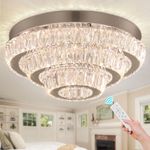 Cainjiazh 16.5" Crystal Chandelier Modern Crystal Ceiling Light LED Chandeliers with Remote Control 3 Layers Flush Mount Ceiling Light Fixtures for Bedrooms Living Room Dining Room Lights (Dimmable)