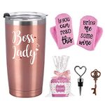 Boss Day Gifts-Boss Lady Travel Tumbler Cupcake Socks Set, Funny Gifts for Women Boss Lady Wine Lover Mom Christmas Birthday, Stainless Steel Insulated Tumbler with Lid Socks Opener (20oz, Rose Gold)