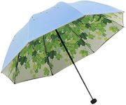 Green Leaf Tree Folding Travel Sun Umbrella Sunblock UV Protection UPF 50+ Rain Resistant Compact Size Parasol Fold into Purse (Blue)