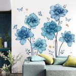 wondever Large Blue Flowers Wall Decals Floral Peony Plants Butterfly Peel and Stick Wall Art Stickers Decor for Bedroom Adult Living Room TV Wall