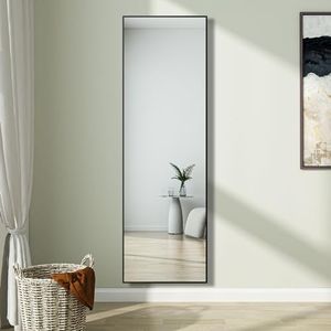 HAPAOSO Miroir rectangulaire 160x 50cm avec Crochet de Suspension de Porte, la Suspension de Porte Miroir est réglable en Hauteur. Miroir Suspendu, Miroir Mural, Miroir au Sol (avec Bordure Noire)