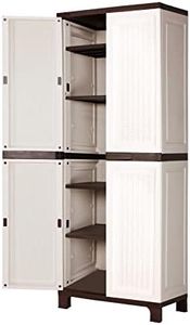 LI LIVSIP Outdoor Storage Shed - Plastic Vertical Storage Cabinet with Adjustable Shelves Lockable Doors 6 Hooks, for Store Garden Tools Accessories, 173CM Height, Patterned Beige