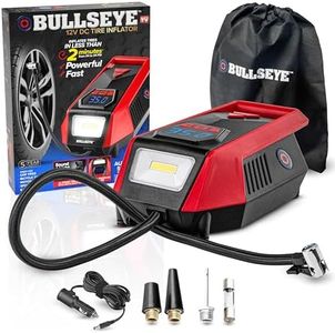 Bullseye 12V DC Tire Inflator - Rapid 2 Minute Inflation, Auto Shut-Off, Max 150 PSI, Easy Cord Storage, Digital Pressure Gauge, LED Display, Accessories, Cigarette Lighter Charger as seen on TV (Red)