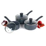 Russell Hobbs COMBO-4838A Nightfall Stone Saucepan Set, 3 Piece Collection, 16/18/20 cm, for All Hob Types Including Induction, Comfortable Bakelite Handle, Tempered Glass Lids, Blue Marble Aluminium