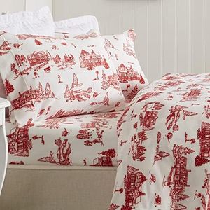 Great Bay Home Extra Soft Velvet Plush Full Micro Fleece Sheet Set | Deluxe Microplush Non Pilling Sheets, Deep Pocket | Lavish Sherpa Velvet Luxe Collection (Full, Snowtown Toile-Red)