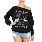 Csbks Merry Christmas Off Shoulder Sweatshirt Ugly Christmas Reindeer Women Long Sleeve Pullover Tops Black M