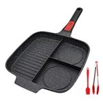 Bobikuke 3 in 1 Grill Pan for Stove Tops with Detachable Handle, Nonstick Versatile Griddle Divided Pan, Square Skillet PFOA Free, Black