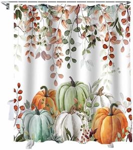 Fall Thanksgiving Shower Curtain, Autumn Pumpkins Eucalyptus Leaves Shower Curtains Set with Hooks, Blue Sage Green Orange Waterproof Fabric Bathroom Curtains Decor Home Accessories,72 X 72 Inch Long