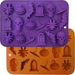 Halloween Molds Silicone for Chocolate 2 Pack, 3D Halloween Chocolate Candy Gummy Mold Skull Pumpkin Bat Ghost Witch Hat Spider Tombstone Shapes Mold