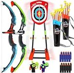 FINCOME Bow and Arrow Kids 8-12, 2 in 1 Archery Set Shooting Games Toys with Movable Standing Target-20 Suction Cup Arrows/2 Light Up Bows/2 Quiver/2 Foam Dart Guns, Indoor & Outdoor Games Gifts