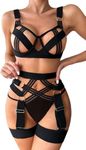 KEOYA Garter Lingerie Set for Women, Sexy Cutout Bra Sheer Thong Panty Push Up Garter Belt Exotic Outfit Teddy Babydoll Bodysuit 02 Black XL